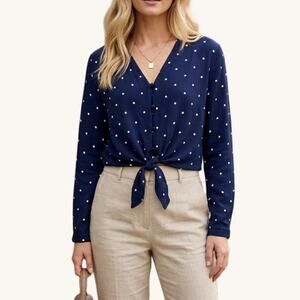 Rails Sloane Navy White Polka Dot Tie Front Blouse Small
